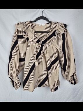 Karlie Striped Beige Cottagecore Bohemian Boxy Peasant Tassel Top sz M